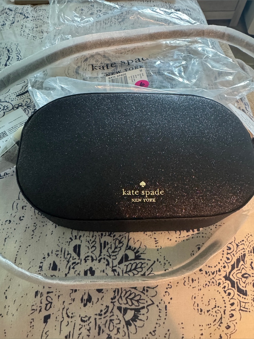 Kate Spade NEW black glitter oval camera crossbody bag with gold logo